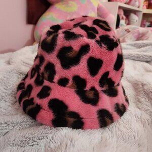 Pink Black Fuzzy Leopard Cheetah Print Faux Fur Bucket Hat Animal Print One Size